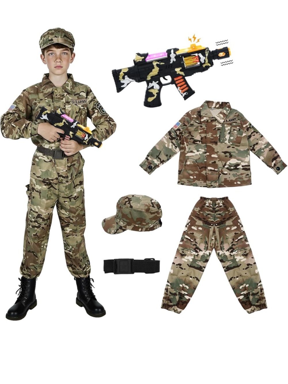 Kids Army Camo Costume Set - Green Camo Military Uniform 6-8
